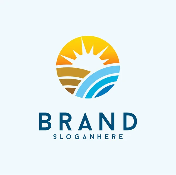 Sonnenuntergang Strand Logo Landschaft Design Template Vector Illustration Sommerwellensonne Logo — Stockvektor