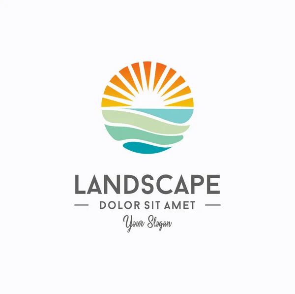 Sonnenuntergang Strand Logo Landschaft Design Template Vector Illustration Sommerwellensonne Logo — Stockvektor