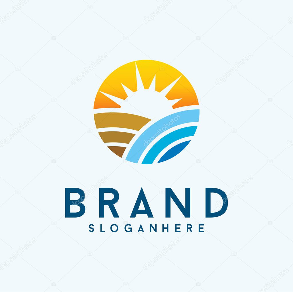 Sunset beach logo Landscape design Template Vector illustration. summer Wave sun Logo Sign Design Icon. ocean , tropical And Sea Sun Logo Element. sunset and sunrise concept symbol