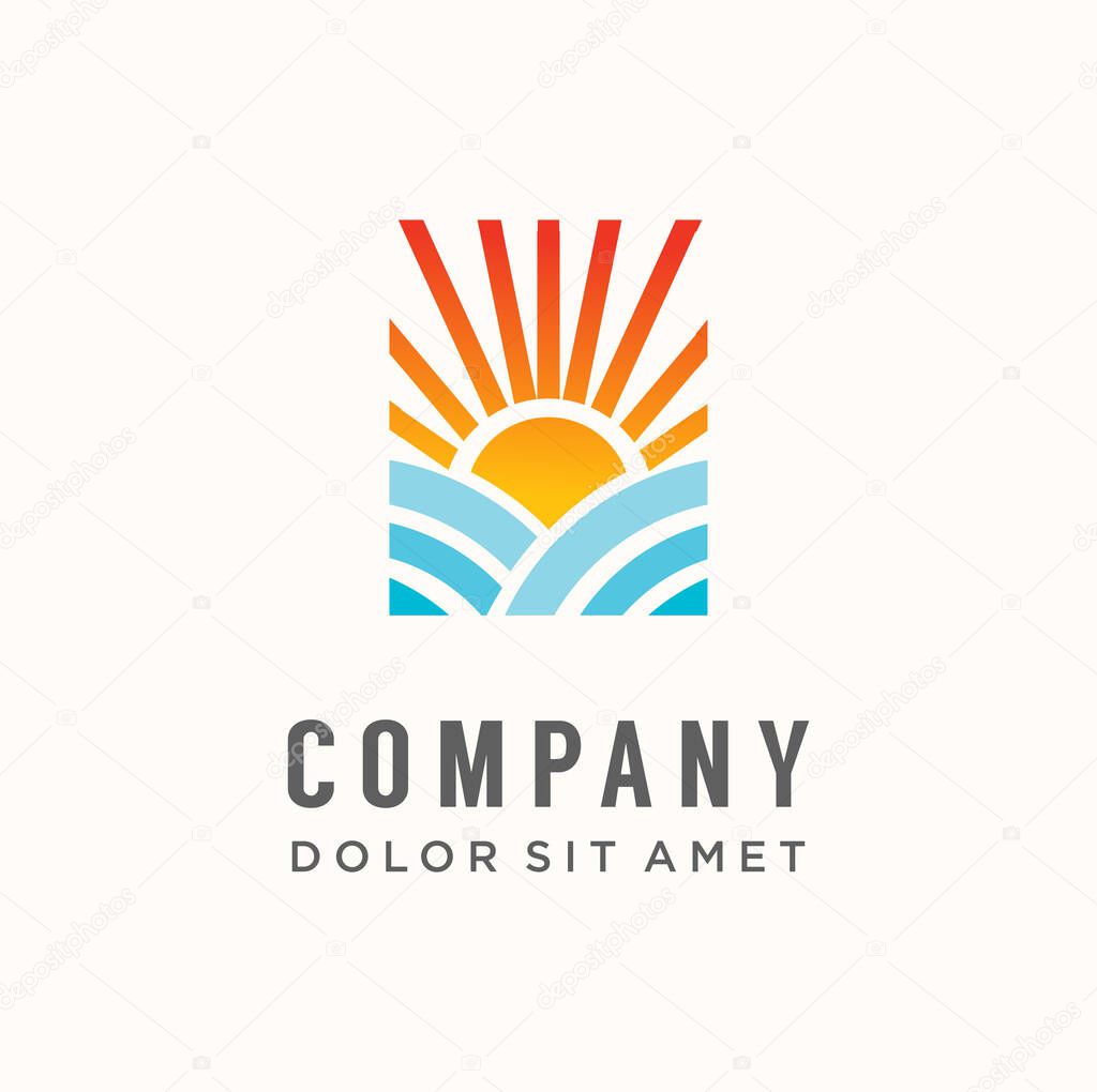 Sunset beach logo Landscape design Template Vector illustration. summer Wave sun Logo Sign Design Icon. ocean , tropical And Sea Sun Logo Element. sunset and sunrise concept symbol