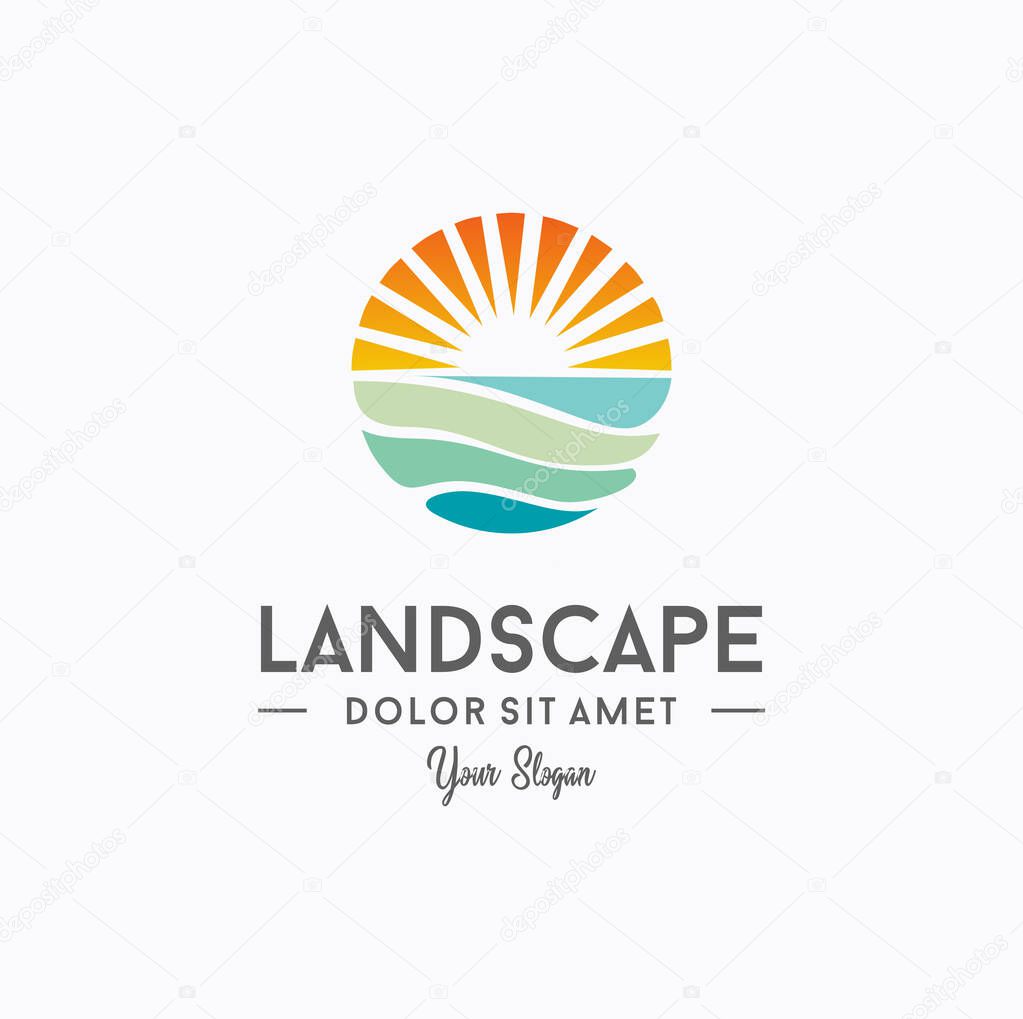 Sunset beach logo Landscape design Template Vector illustration. summer Wave sun Logo Sign Design Icon. ocean , tropical And Sea Sun Logo Element. sunset and sunrise concept symbol