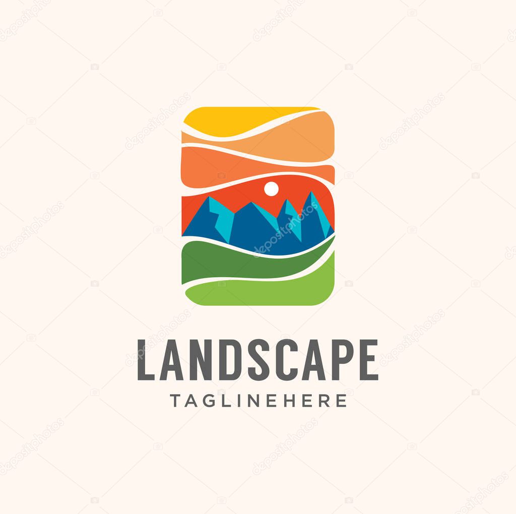 Landscape adventure mountain logo Graphic Vector Stock. Outdoor Peak Adventure Logo sign Template. Hiking Club Expedition Logo Design Template