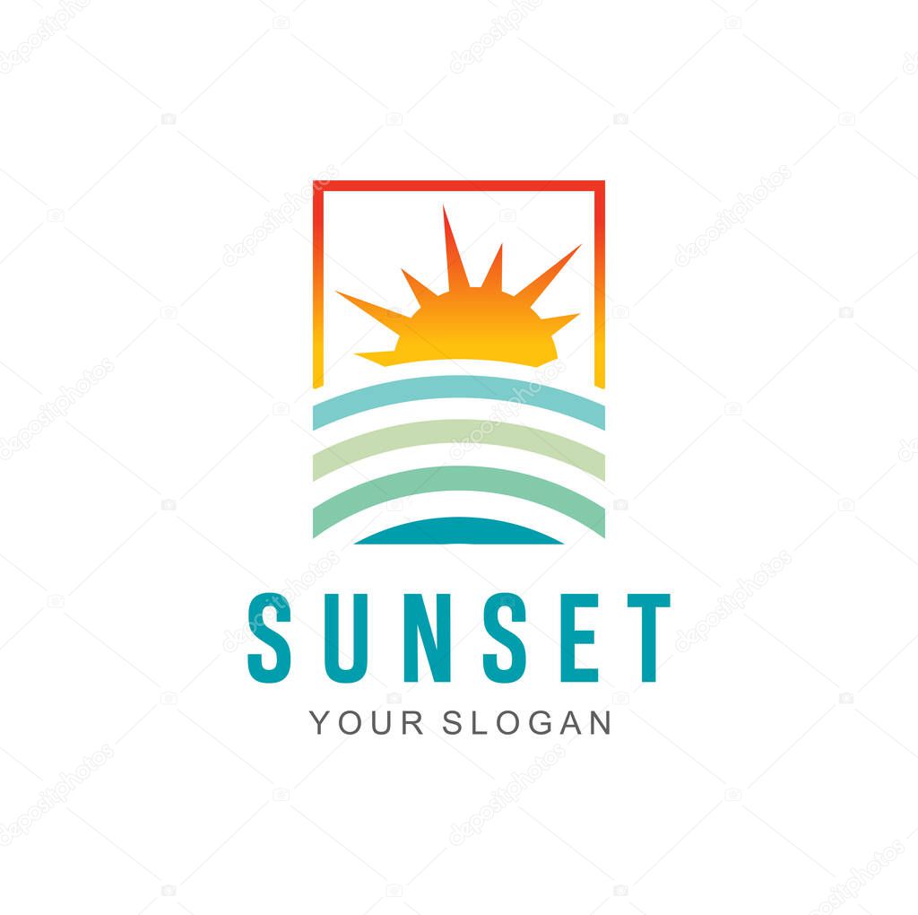 Sunset beach logo Landscape design Template Vector illustration. summer Wave sun Logo Sign Design Icon. ocean , tropical And Sea Sun Logo Element. sunset and sunrise concept symbol
