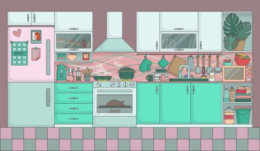 Vector detailed illustration of a kitchen in white and green color in a flat style. Cozy kitchen interior with cabinets, drawers, dishes, refridgerator , household appliances