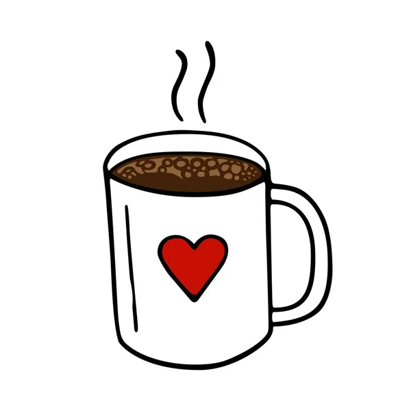 一大杯咖啡或可可手拉手 白色背景上带有红色和褐色元素的涂鸦式黑色轮廓的矢量插图 — 图库矢量图片