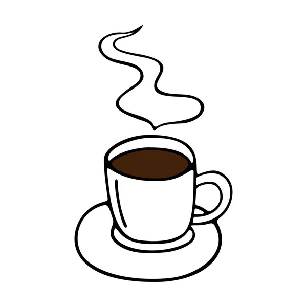 茶托上的一大杯咖啡或可可 白色背景上带有棕色元素的涂鸦式黑色轮廓中的矢量插图 — 图库矢量图片