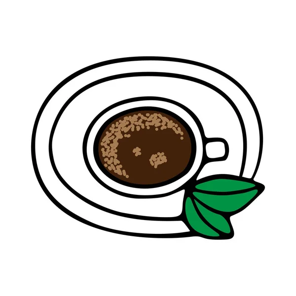 茶托上的一大杯咖啡或可可 带有绿色和棕色元素的白色背景的涂鸦式黑色轮廓中的矢量插图 — 图库矢量图片