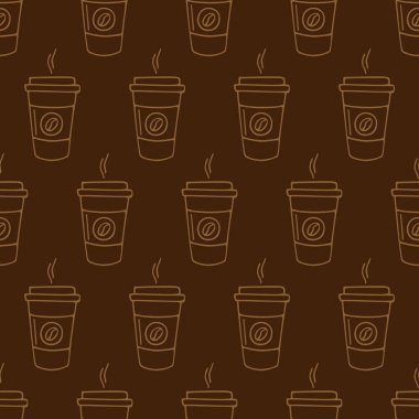 El yapımı kağıt kahve fincanı. Kahverengi arka planda vektörsüz karalama deseni. Tekstil, ambalaj, baskı için tasarım.