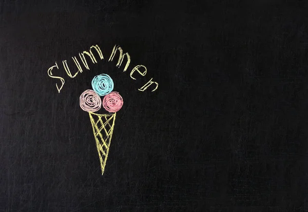 ice cream painted with multicolored chalk on a blackboard with the inscription summer