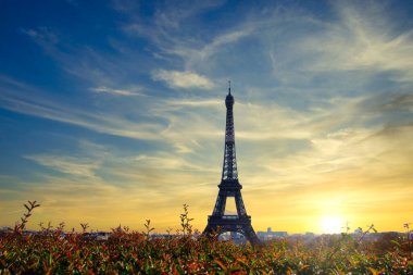 Aşk şehrinde güzel bir sonbahar gününde Eyfel Kulesi: