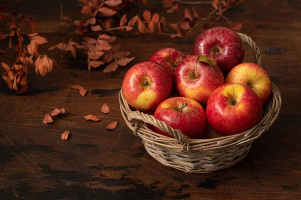 Fresh Apples Basket Wooden Background — Stock Photo, Image