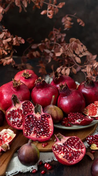 Fresh Juicy Pomegranate Whole Cut Leaves Wooden Background — Stock Photo, Image