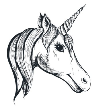 Tek boynuzlu at kafası çizilen illüstrasyon izole beyaz zemin üzerine ver. Vektör çizim