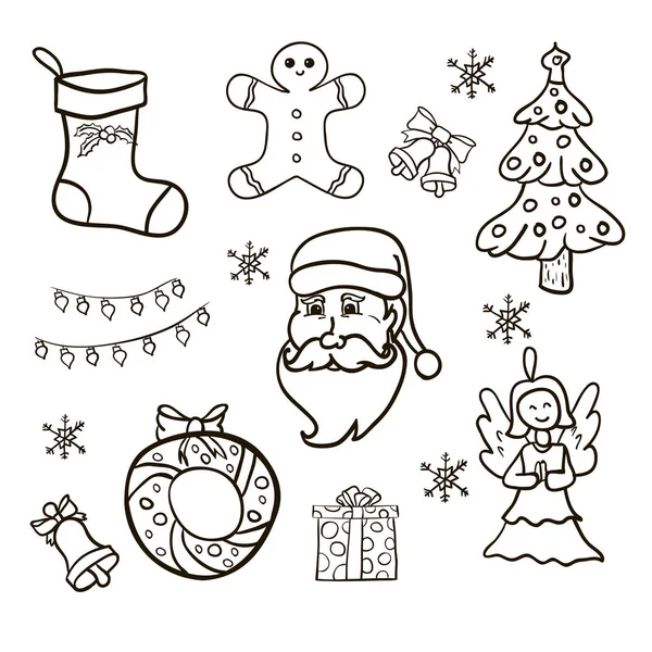 Christmas Icons Hand Drawn Simple Set Isolated Retro Holidays Object — Stock Vector