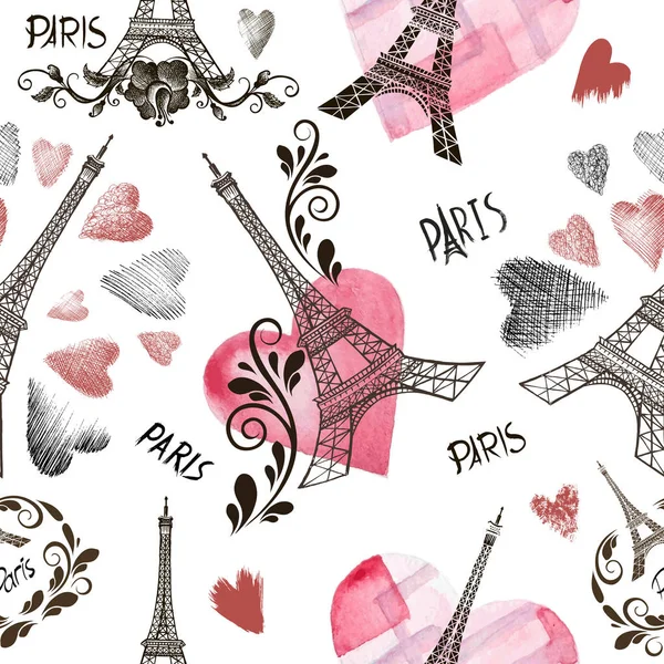 Seamless Background Symbols Paris Eiffel Tower Heart — Stock Vector