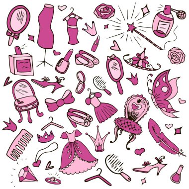 Elle çizilmiş doodle vektör set kızın aksesuarları. Modern prenses simgeler. Kız gibi küme. İzole vektör nesneleri.