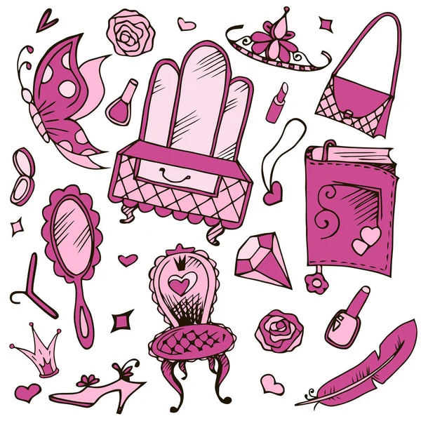 Handgezeichnetes Doodle Vektor Set Mit Accessoires Für Mädchen Moderne Prinzessin — Stockvektor