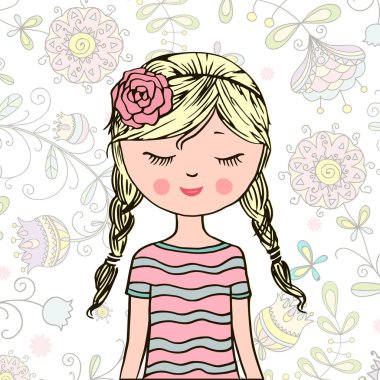 sevimli kız vektör. T-shirt baskı. Çocuklar için kitap illüstrasyon. Romantik El çizim posteri çizgi film karakteri veya giyim