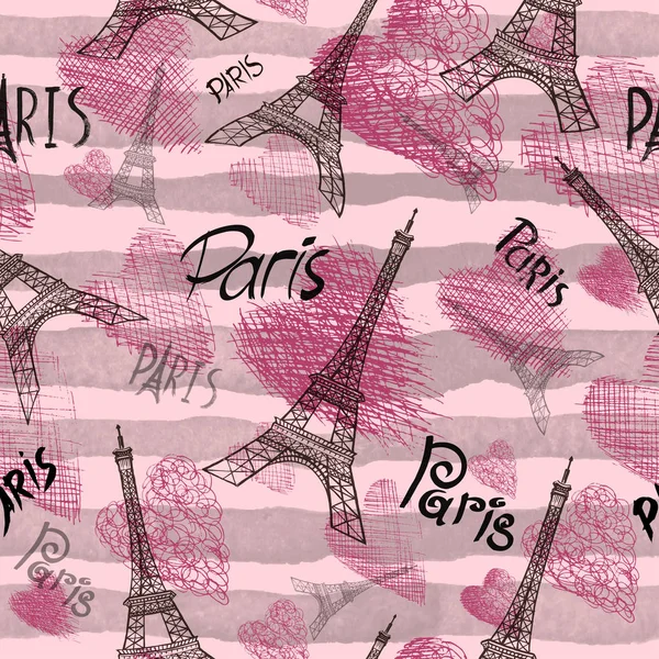 Fondo Sin Costuras Con Símbolos París Torre Eiffel Corazón — Vector de stock