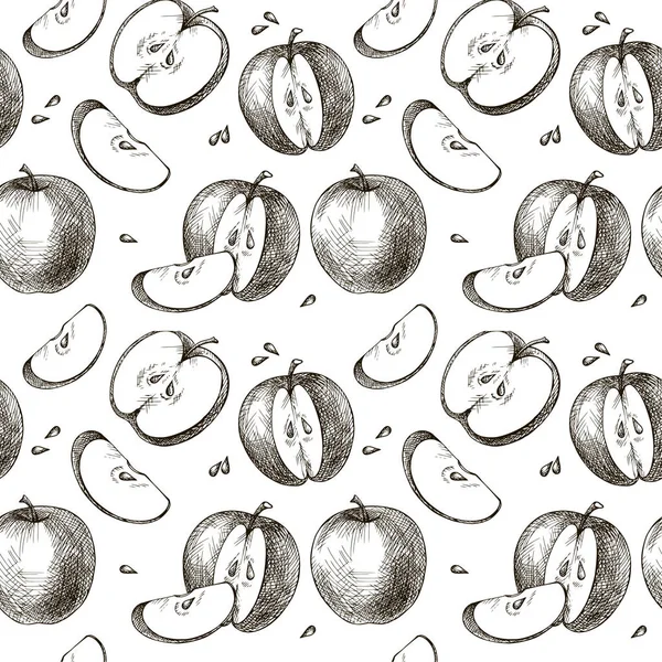 Seamless Hand Drawn Apple Background Sketch Style Set Fruit Vintage — Stock Vector
