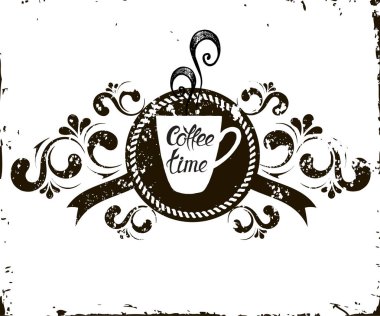 Kahve zamanı. Çizilmiş vektör sanat gösterim amacıyla tasarım, tekstil, parmak izi. Fincan kahve, kek ve yazı