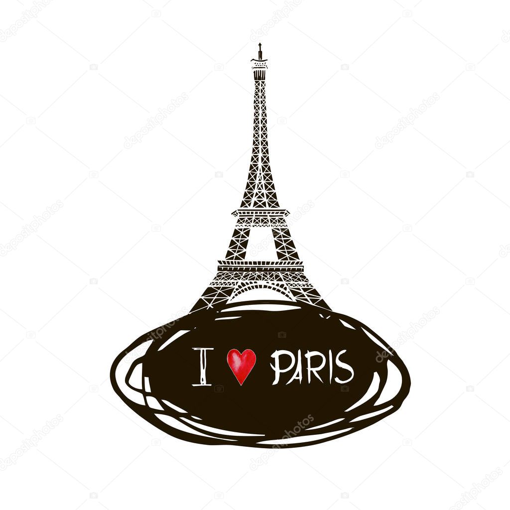 Illustration black ink Eiffel Tower. Vector decorations isolated on white background. Handwritten inscription Paris.