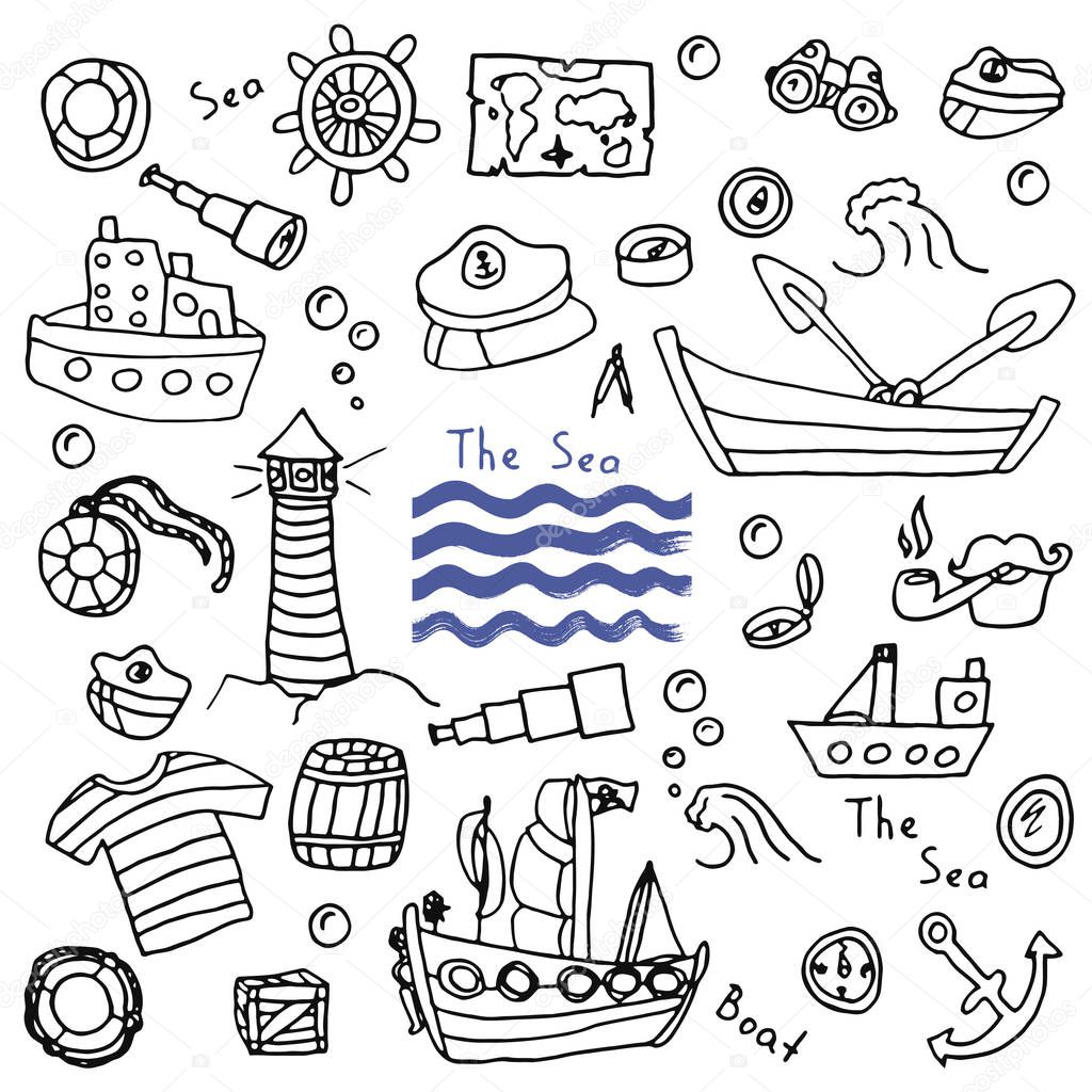 Sea collection of doodle illustrations, marine set