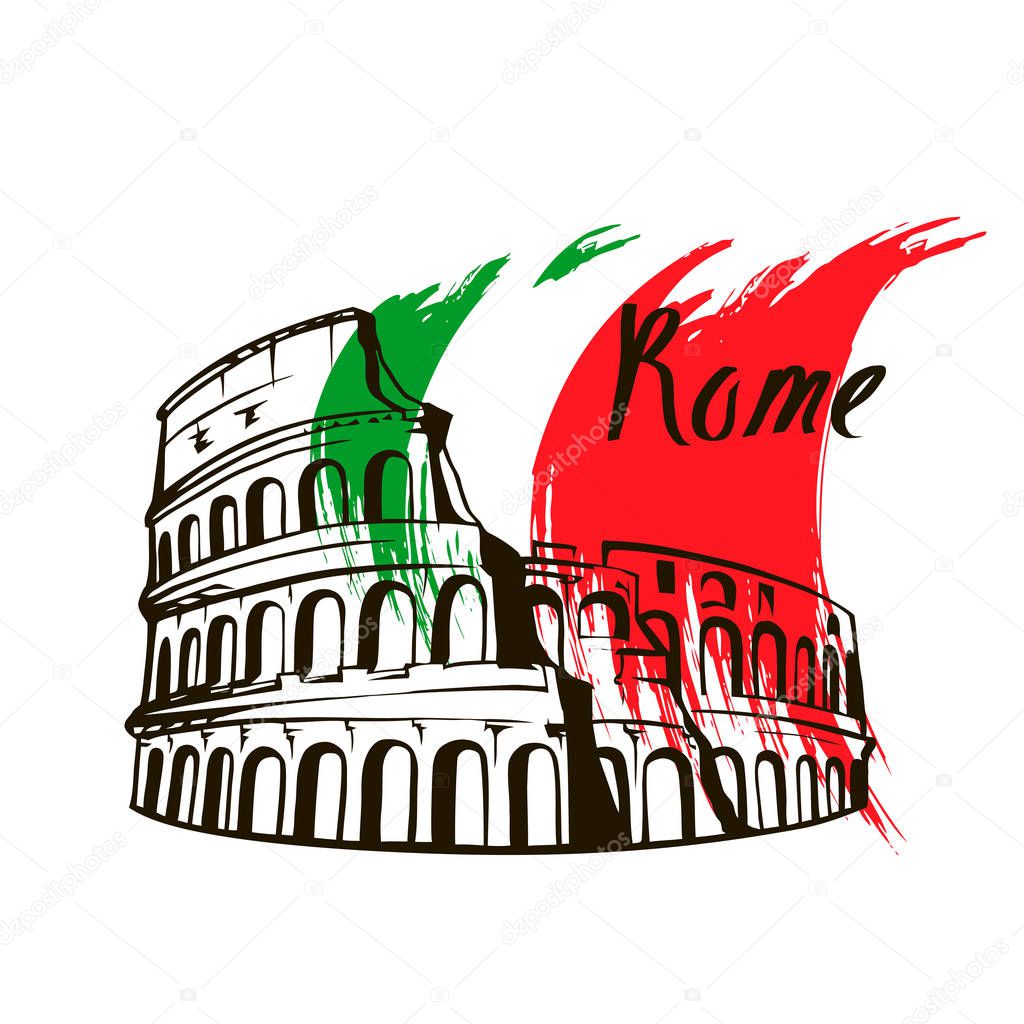 Rome Colosseum sign. Italian famous landmark Coliseum. Travel Italy label. Rome architectural icon with lettering