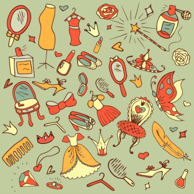 Elle çizilmiş doodle vektör set kızın aksesuarları. Modern prenses simgeler. Kız gibi küme. vektör nesneleri.