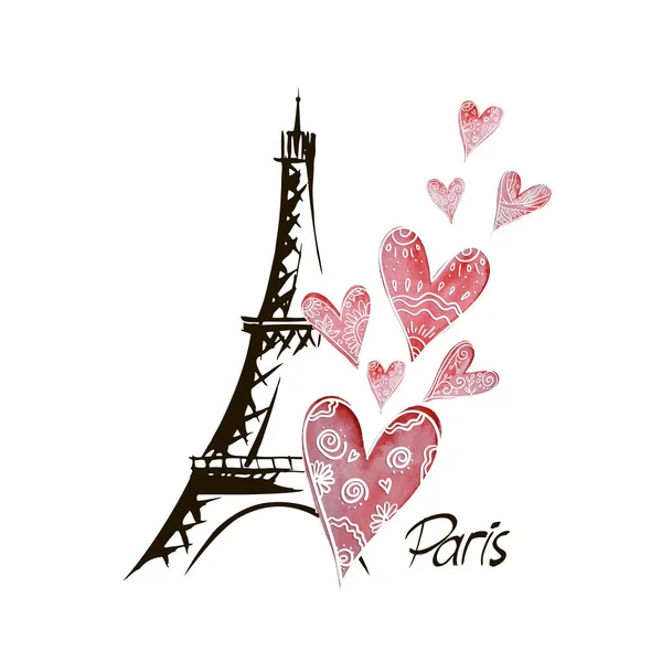Romantic Design Eiffel Tower Hearts Hand Drawn Illustration — Stock Vector
