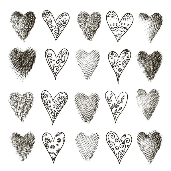 Vektor Doodle Handgezeichnetes Grunge Black Hearts Set — Stockvektor