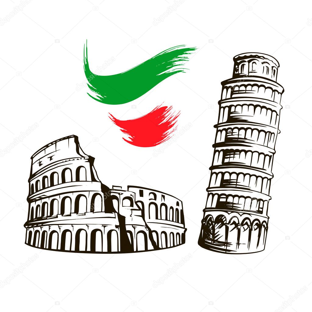 Italy culture symbols or Italian travel famous landmarks vector icons set, Colosseum, Leaning Tower of Pisa