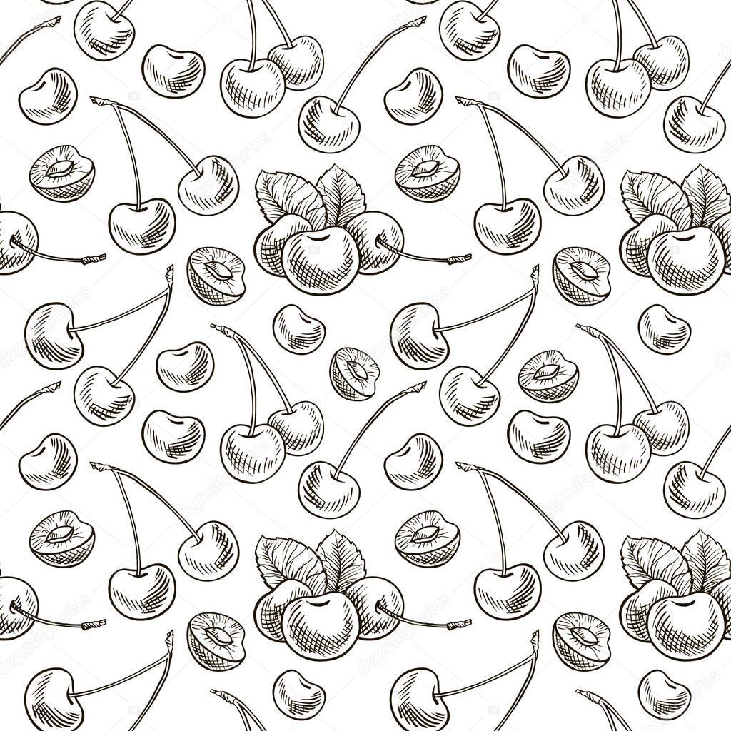 Seamless background with cherry. Vector illustration, black and white