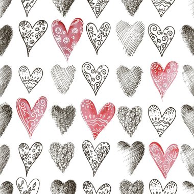 Sorunsuz vektör desen yürekleri. Elle çizilmiş süs sembolleri ile arka plan. Kaydırma, dekor, yüzey, kartları, tekstil, yazdırma için şablon. Süsleme yineleyin. Aşk desen dizi