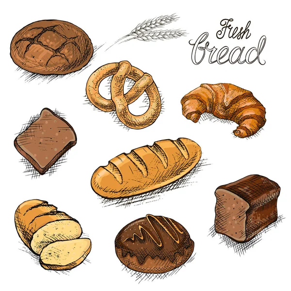 Bäckerei Frische Brotsammlung Mit Verschiedenen Brotsorten Croissant Brezel Baguette Bagels — Stockvektor