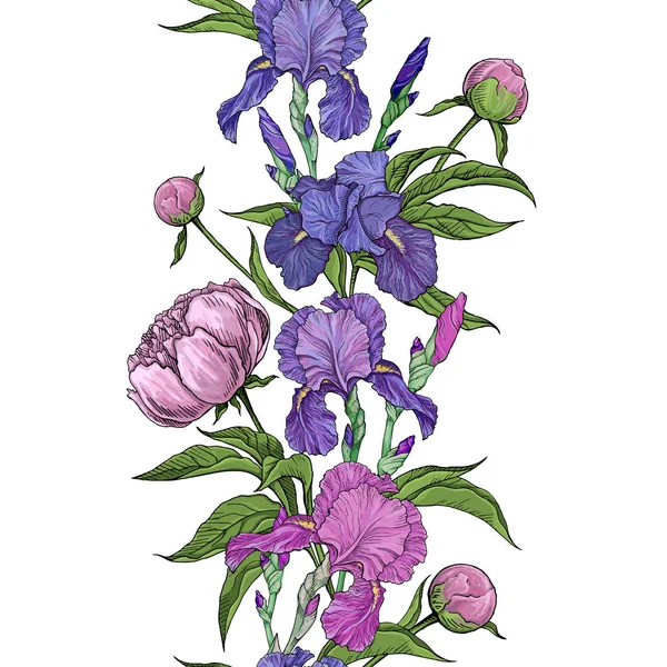 Borde Marco Sin Costura Floral Con Flores Rosadas Violetas Iris — Archivo Imágenes Vectoriales