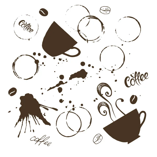 Set Grunge Coffee Cup Stains Vine Glass Marks Isolated White — Stock Vector