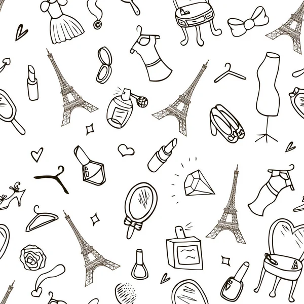 Fashion Seamless Pattern Doodle Paris France Eiffel Tower Women Dress — стоковый вектор