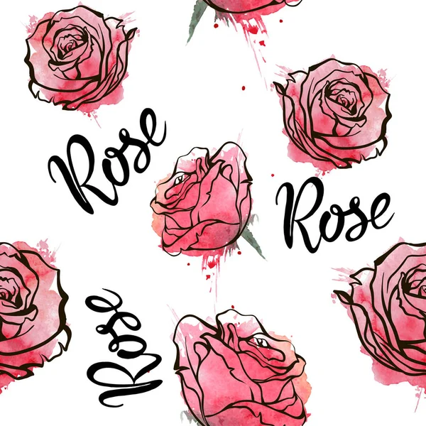 赤いバラ シームレス 手描き 水彩画のパターン ベクトルの背景 — ストックベクタ