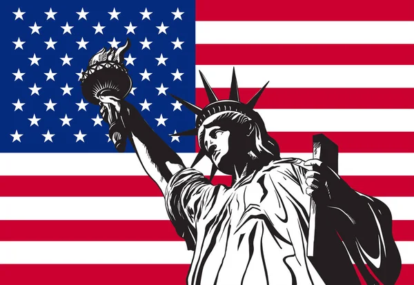 Statua della Libertà sullo sfondo della bandiera americana — Vettoriale Stock