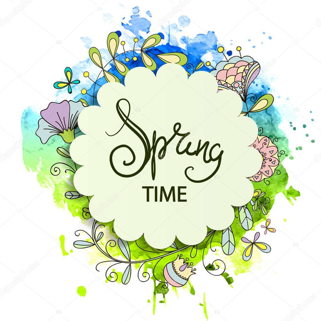 Round banner with the Spring logo. Card for spring season with frame and herb. Promotion offer with plants, leaves and flowers decoration. Vector