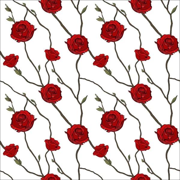 Motif sans couture de brindilles et de roses rouges — Image vectorielle