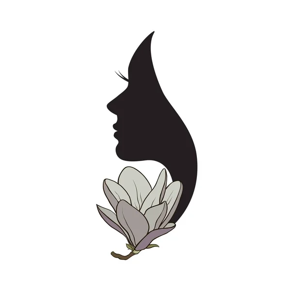 Hermoso perfil femenino con flor de magnolia — Archivo Imágenes Vectoriales