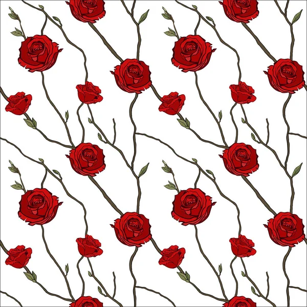 Motif sans couture de brindilles et de roses rouges — Image vectorielle