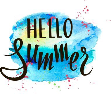 Yaz, el yazısı mavi ve turuncu suluboya leke, vektör illüstrasyonu.