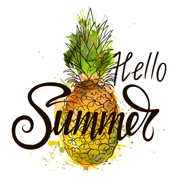 Iscrizione Happy Summer Sullo Sfondo Dell Ananas Illustrazione Vettoriale Disegnato — Vettoriale Stock