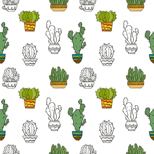 白色背景载体上的绿色植物仙人掌的无缝图案 — 图库矢量图片