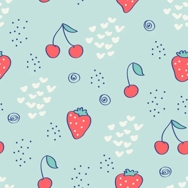 Seamless Pattern Strawberries Cherries Hand Drawn Elements — Stock Vector