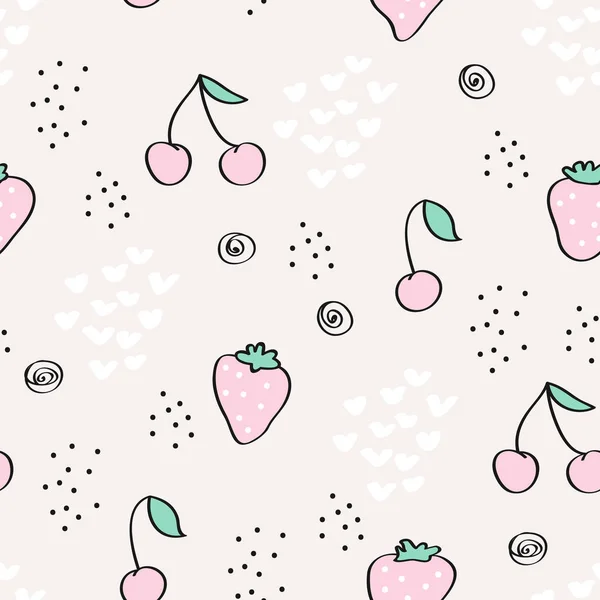 Nahtloses Muster Mit Erdbeeren Kirschen Und Handgezeichneten Elementen — Stockvektor