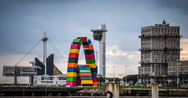 Le Havre / France  - November  05 2017: Transat Jacques Vabre, Scupture of colored containers in Le Havre harbor the day before race start